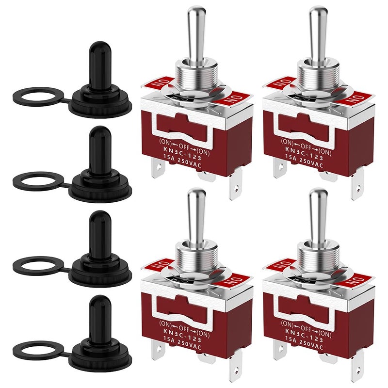 Malictele Momentary Toggle Switch, SPDT 3Pin (ON)-Off-(ON) Marine Toggle Switch 12VDC 30A/250VAC 15A Heavy Duty 3 Way with Waterproof Cap for Auto Car Boat- 4 Pack - Image 1